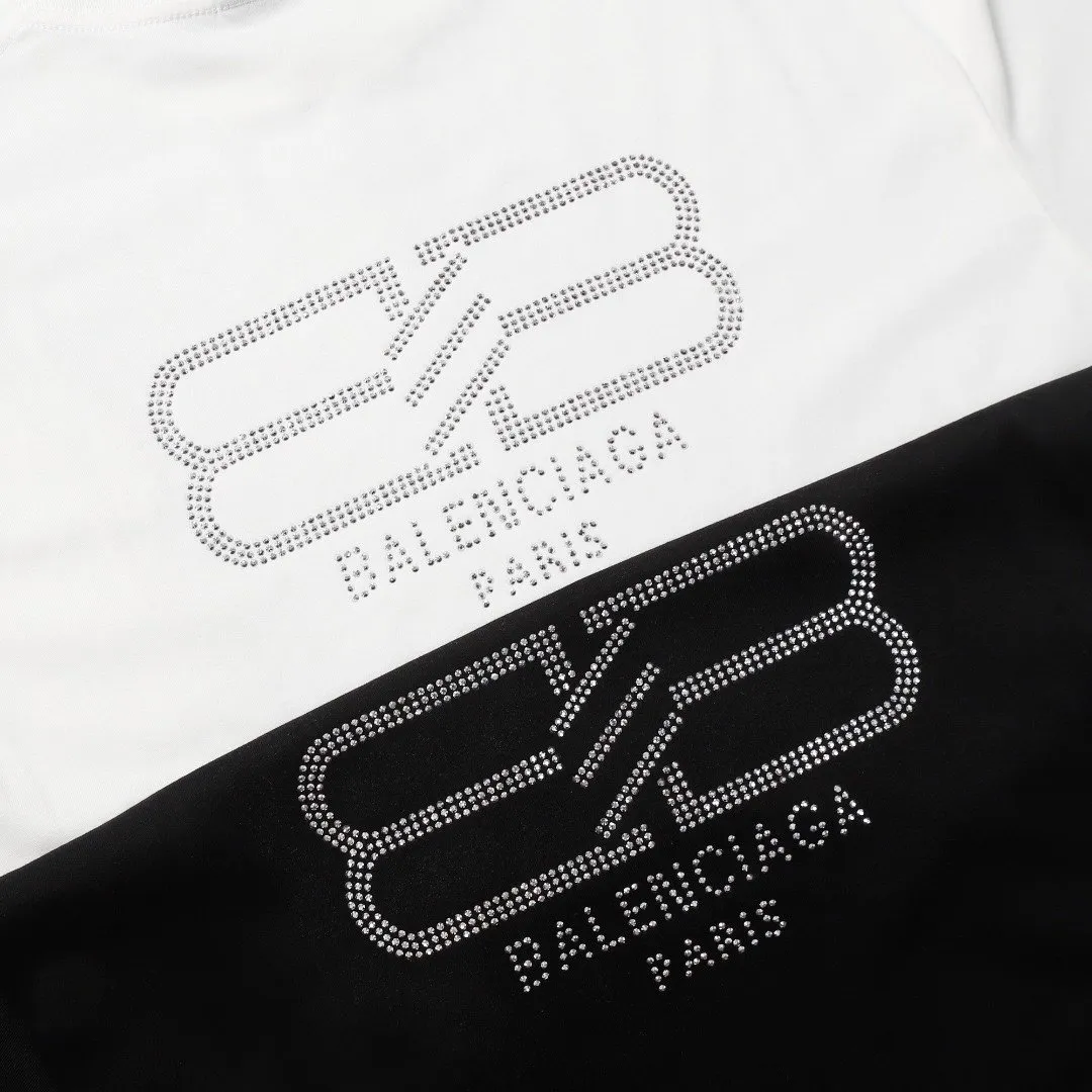 BALENCIAGA BB letter printed short-sleeved T-shirt, custom-woven and dyed 280g combed cotton fabric, zero color difference in threads, perfect details, different from the current version on the market, welcome to compare, Same Style for men and women, must-sell in the picture above Color: White Black Size: 1 2 3 4